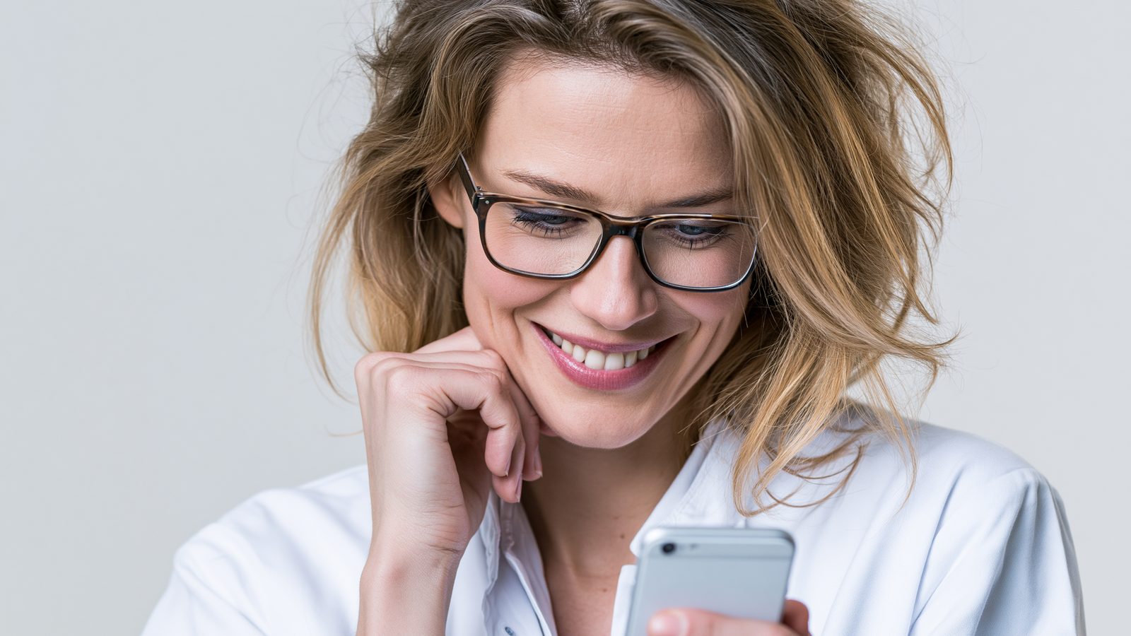 Ärztin schaut lächelnd auf ihr Smartphone